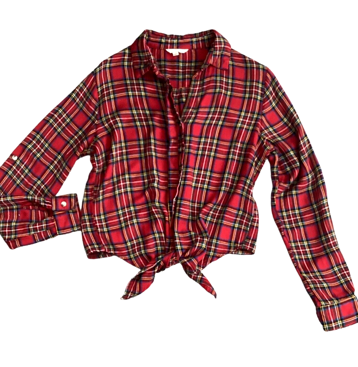 Sim & Sam M Red Plaid Flannel Button-Up Tie Waist Top Soft Sim & Sam M Red Plaid Flannel Button-Up Tie Waist Top Soft