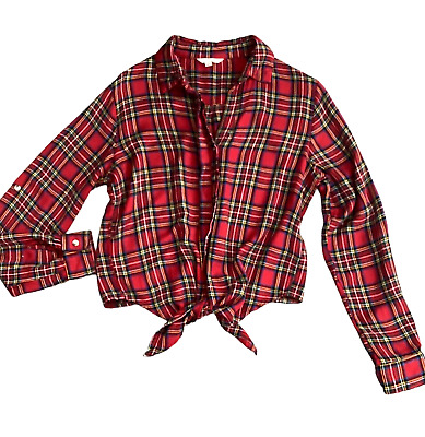 Sim & Sam M Red Plaid Flannel Button-Up Tie Waist Top Soft Sim & Sam M Red Plaid Flannel Button-Up Tie Waist Top Soft