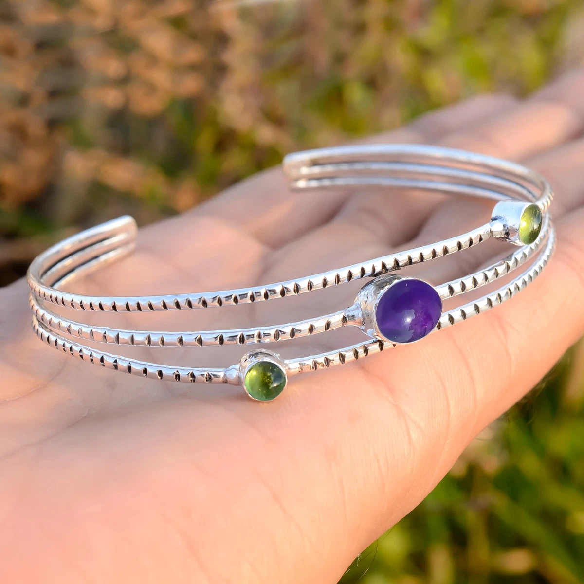 Green Peridot Amethyst Gemstone 925 Sterling Silver Bracelet