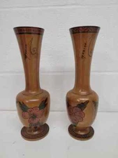 vintage hande turned 11" wood vase set of 2 / sn2960 d35