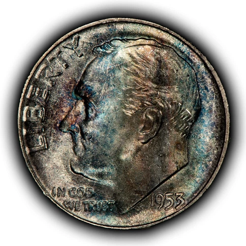 1953 10c Roosevelt Silver Dime - PQ Blueberry Toning - BU - SKU-Z5659