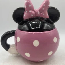 Disney Parks Ceramic Minnie Mouse Head Mug w  Hat Lid Hot Chocolate