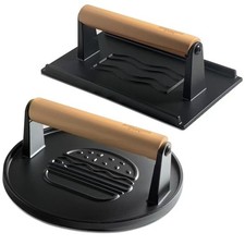 Cast Iron Burger Press Set - Round & Rectangle Grooved for Griddles, Grills, BBQ