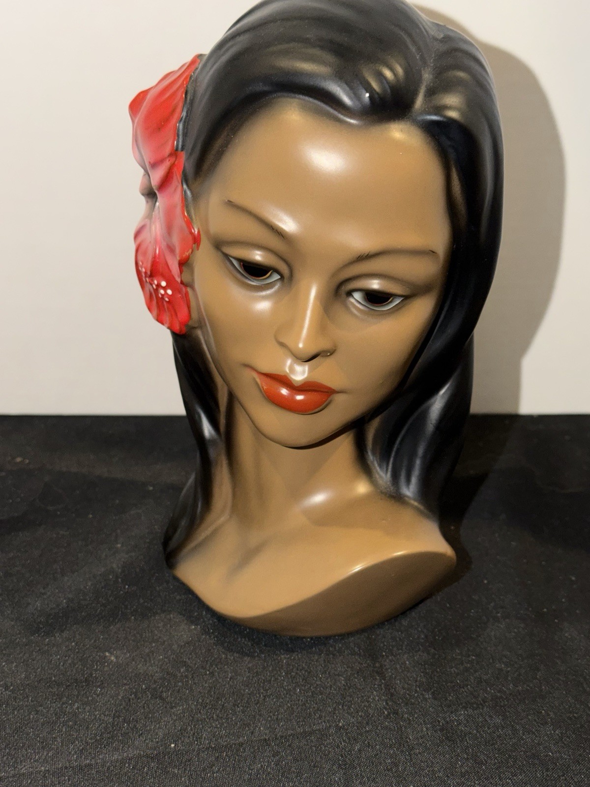 Vintage Marwal Hawaiian Girl Chalkware Bust Hibiscus Flower