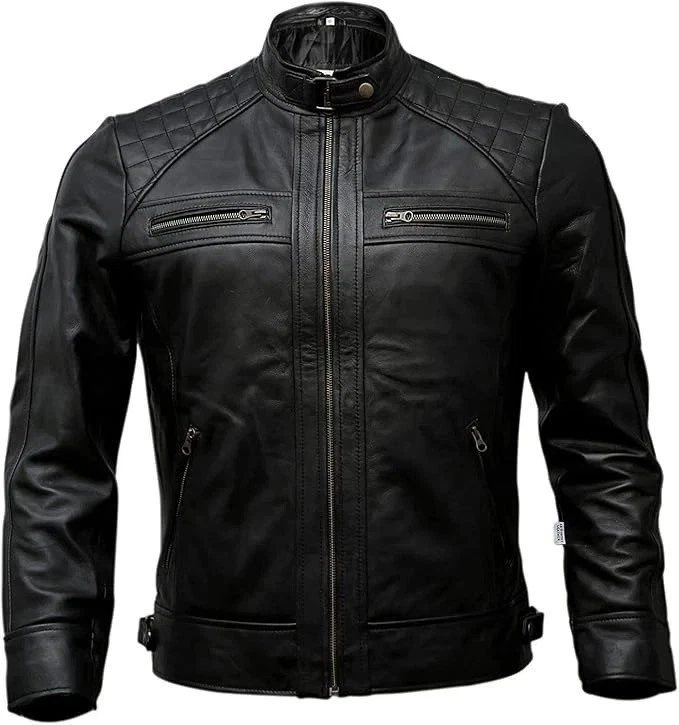 Men’s Black Quilted Diamond Lambskin Leather Jacket Classic Biker Aviator Style