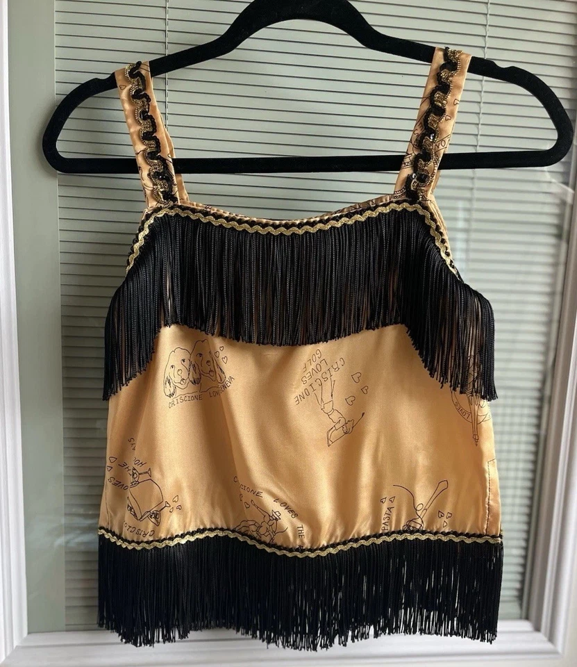 Novedad Camiseta sin Mangas con Flecos Burlesque Vaquera Romántica Estampado Caprichoso Dorado Satinado Foto 2 de 4