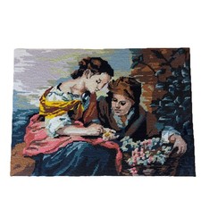 Vintage French Needlepoint Tapestry Art 20x14 Romantic Garden Scene Ocean Moody