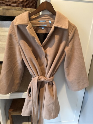 #ad Draper James Camel Brushed Wool Blend Scalloped Belted Coat Size M L Tan $39.99