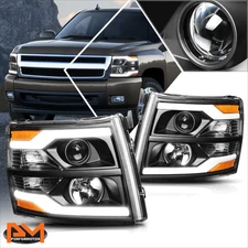 For 07-14 Chevy Silverado Dual LED DRL Bar Projector Headlight/Lamp Black/Amber