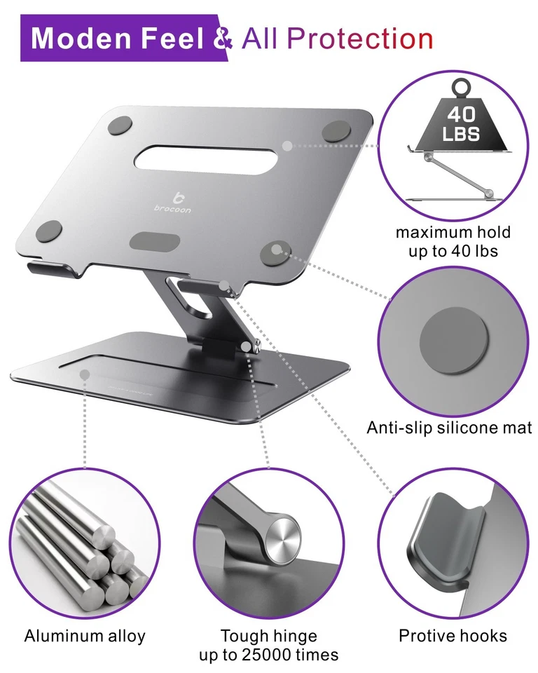 Supporto Portatile Regolabile Alluminio Supporto Notebook Pieghevole Portatile - Grigio - Immagine 3 di 4