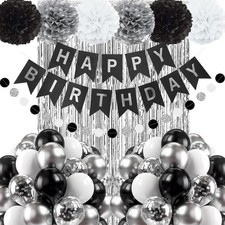 Geburtstagsdeko Set Luftballons Banner Pompoms Lametta Party Deko Schwarz Silber