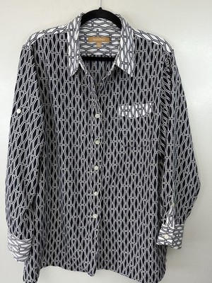 Ellen Tracy Dark Navy/White Geometric Long Sleeved Button Up Blouse Size XL