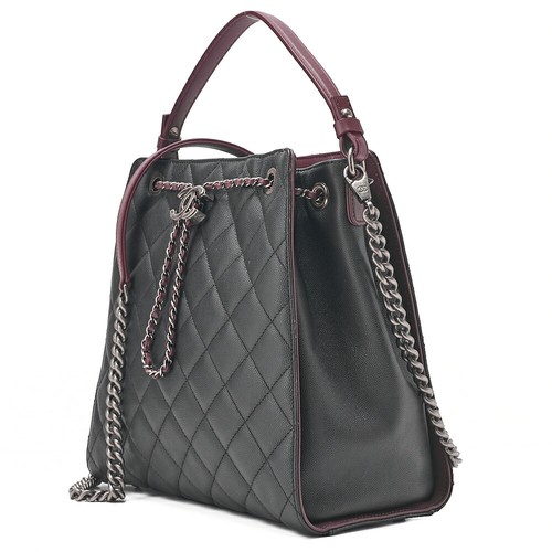 CHANEL 2 Way Chain Shoulder Bag Matelasse Drawstring Coco Charm Black x Bordeaux - Picture 2 of 10