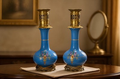 A pair of Antique French blue opaline glass lamps with Brass base and top 15 