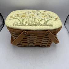 Sewing Basket Lidded Daist Pattern Vtg 70s Yellow White Natural