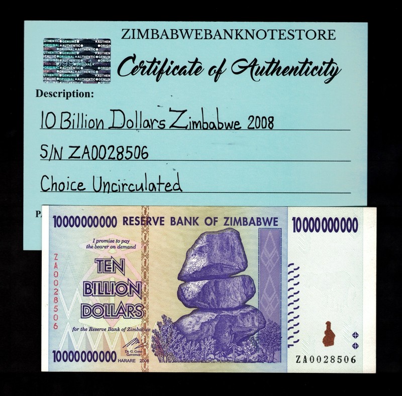 Authentic 10 Billion Dollars Zimbabwe ZA 2008 Replacement Banknote UNC ZA0028506