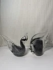 VTG. 2 Pc. Hand Blown Glass Black & White Swan & Fish Figurines VG “Signed”