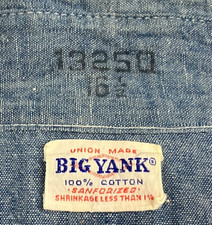 1960's BIG YANK Chambray Selvedge UNION MADE Cotton SANFORIZED Work Shirt USA L