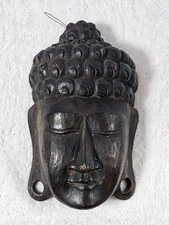 VTG Indonesian Hand Carved Wooden Buddha Head Wall Mask 11" Tribal Art Decor