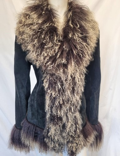 Real Suede&real Mongolian Wool Collar&rtim Lady's Afghan Hippie Jacket Sz 14 VGC - Picture 5 of 16