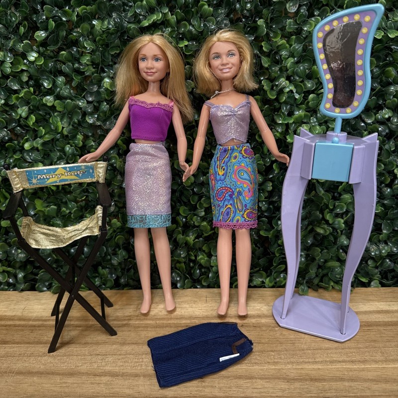 Vintage Mary Kate & Ashley Olsen Twins Dolls w/ Chair & Vanity Mirror Toys Doll