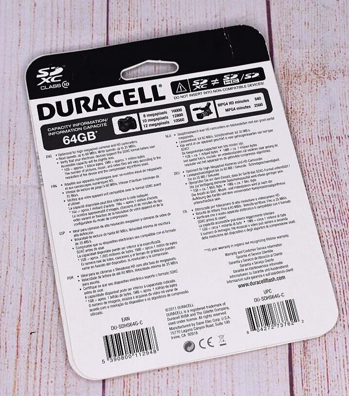 Duracell Pro Photo 64GB SD Card XC Class (10 NEW SEALED *PACKAGE WEAR - Image 3 of 4