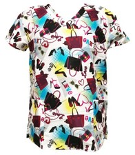 Serene Uniform Women's Medical Scrub Printed Tops White Base Bags Heels Small
