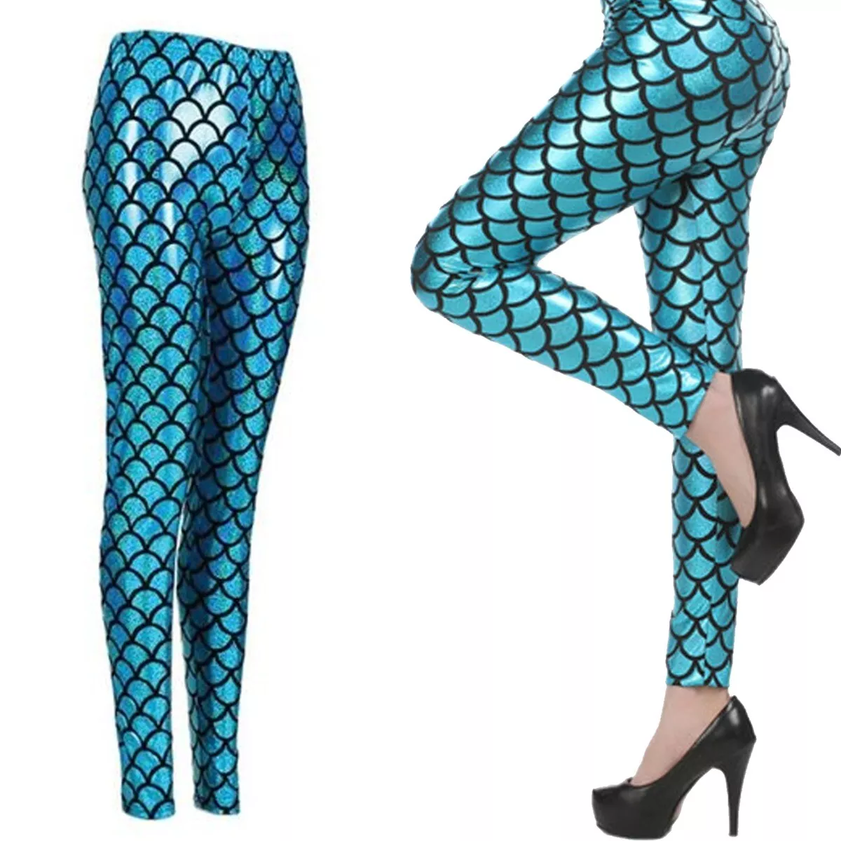 MERMAID LEGGINGS Shiny Foil Turquoise Womens Fancy Dress Costume Party  Cosplay