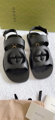 New Authentic Gucci Men's Interlocking G Black Leather Sandals