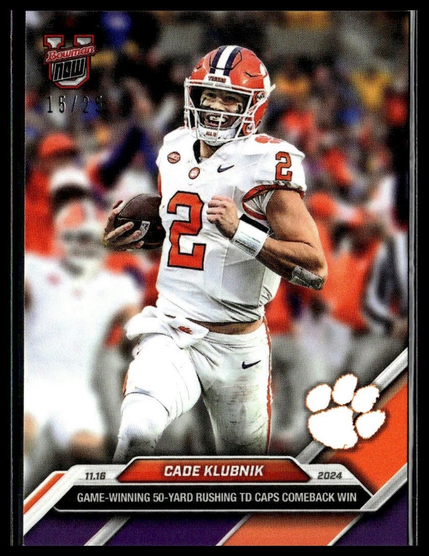 2024 Topps Bowman U Now 42 Cade Klubnik Clemson Tigers 50y Rush TD Purple 15/25
