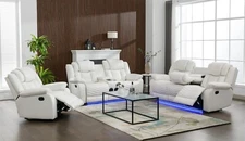 NEW LED Sofa Loveseat Chair 3PC Recliner Set White Leather w/ Bluetooth Speaker