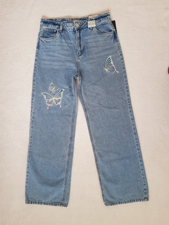 Pantalon jean denim droit fille bleu broderie papillon. 158 cm (12/13 ans) - Photo 1/4