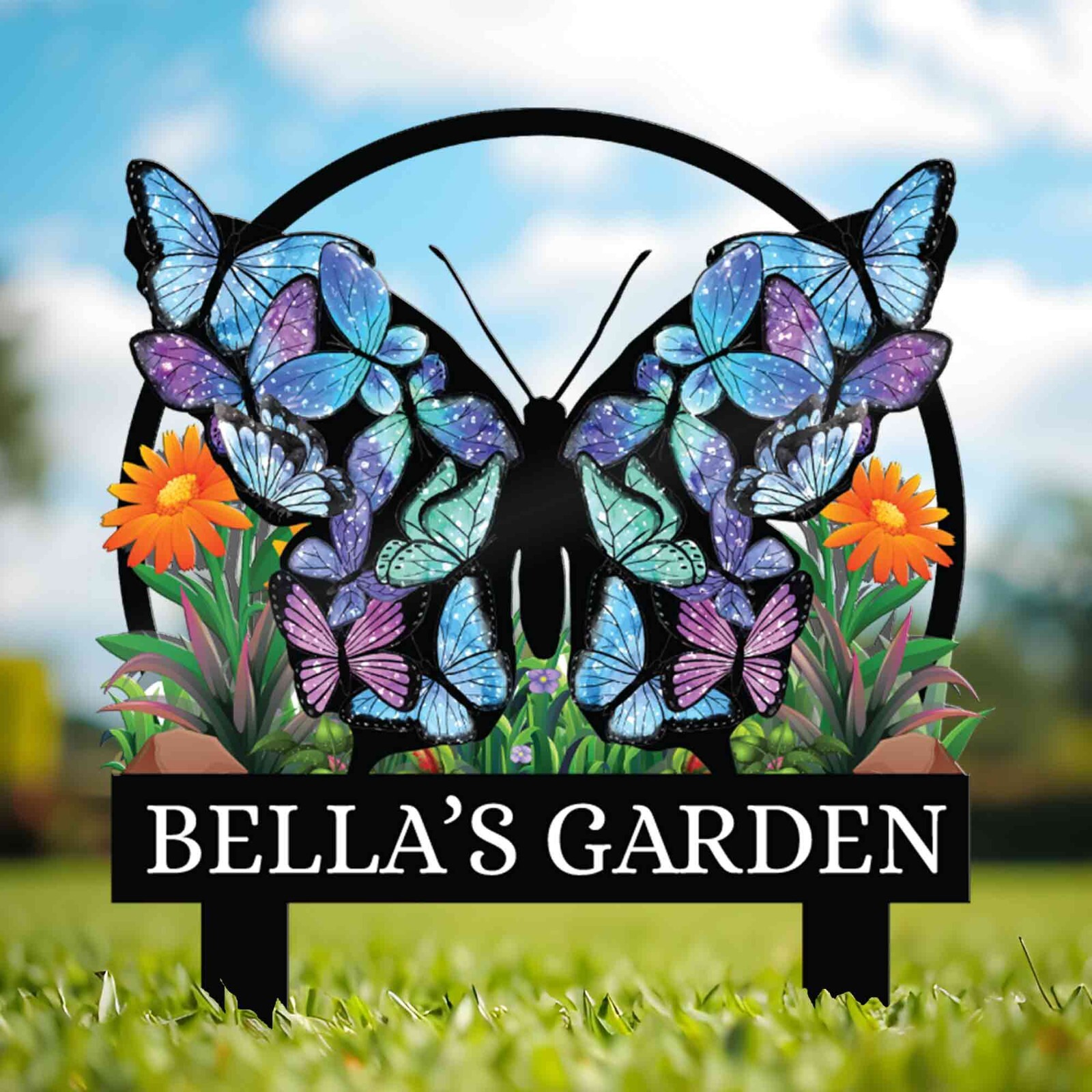 Personalized Butterfly Garden Metal Sign With Stakes, Custom Garden Flower Sign