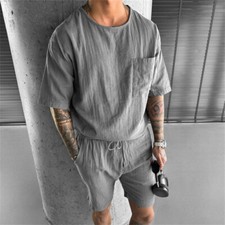 Men Summer Outfit 2-Piece Set Short Sleeve Shirt and Shorts Sweatsuit Set