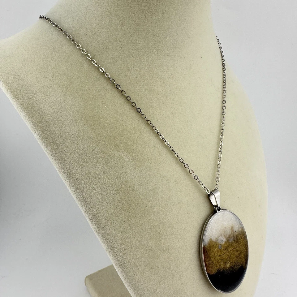 17” Silver Tone Black Gold White Resin Oval Minimalist Pendant Necklace - Image 2 of 4