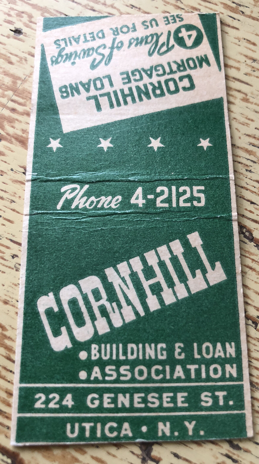 1950s Cornhill Building & Loan Association Utica New York Matchbook