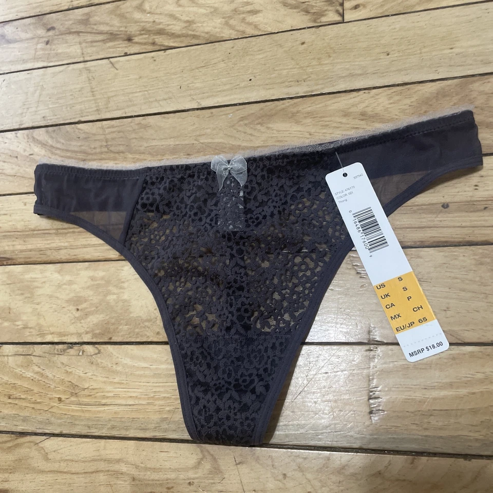 DKNY Thong Panties S Gray White Lace Bow Floral Sheer Panty Underwear S NEW NWT - Image 2 of 4