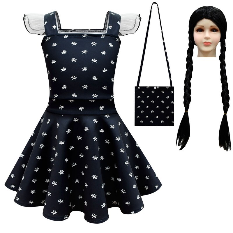 Cosplay Familia Adams Disfraz Miércoles Vestido Bolso Y Peluca Wig Wednesday