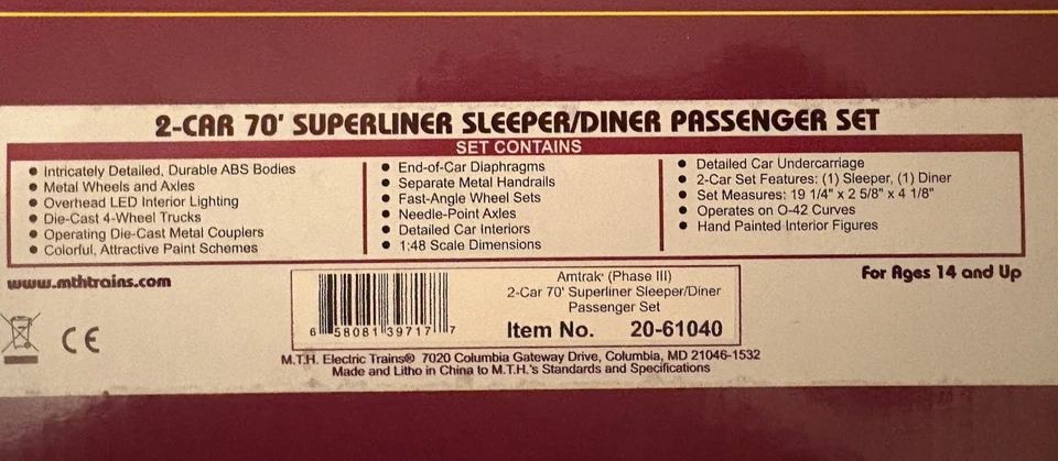 Nuevo en caja MTH AMTRAK 2 coches 70' Suplnr. P.set 20-61040 + 2 #'s 20-61040 y 20-68232 Foto 2 de 4