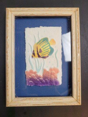 VtgFigi Fish Coral Art Graphics Hand Cast Paper  framed 8 x 6  1991