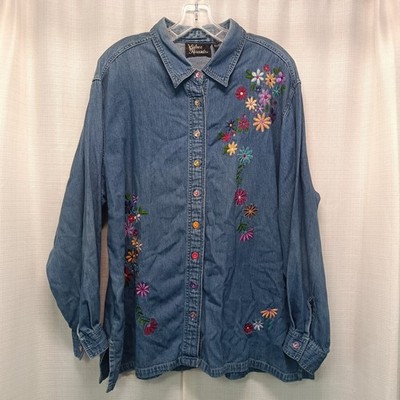 Silver Threads Ltd Womens 2XL Denim Floral Button Down Shirt Blue Cottagecore