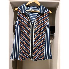 Cabi Sleeveless Striped Floral Zip Front Blouse Navy Blue 6318 Womens Medium