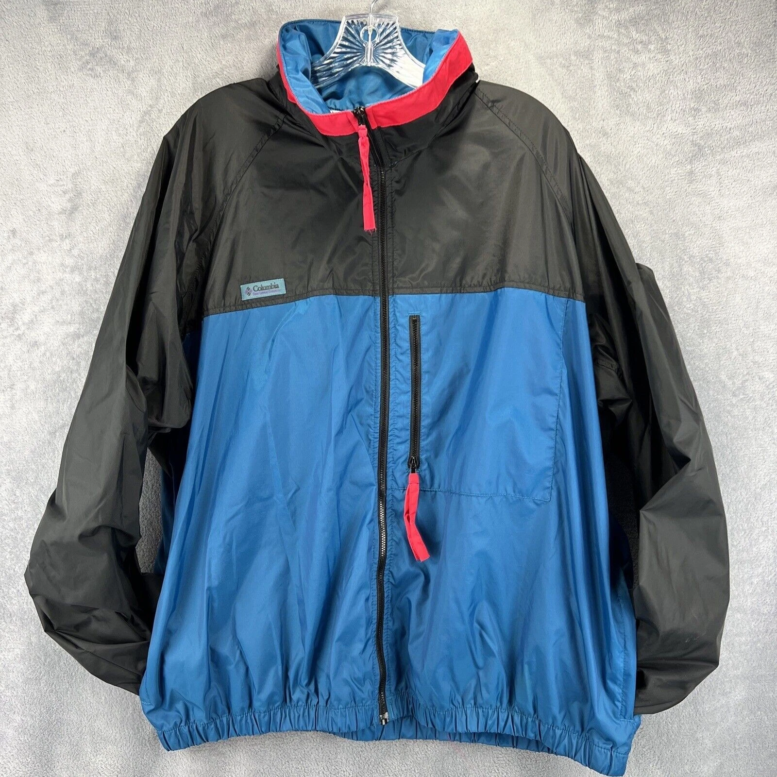 VTG Columbia Windbreaker Adult Extra Large Blue Black Pink Zip Hidden Hood Vent
