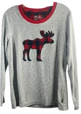 Eddie Bauer Sleepwear Waffle Top Women's Small Gray Plaid Reindeer Motif Holiday