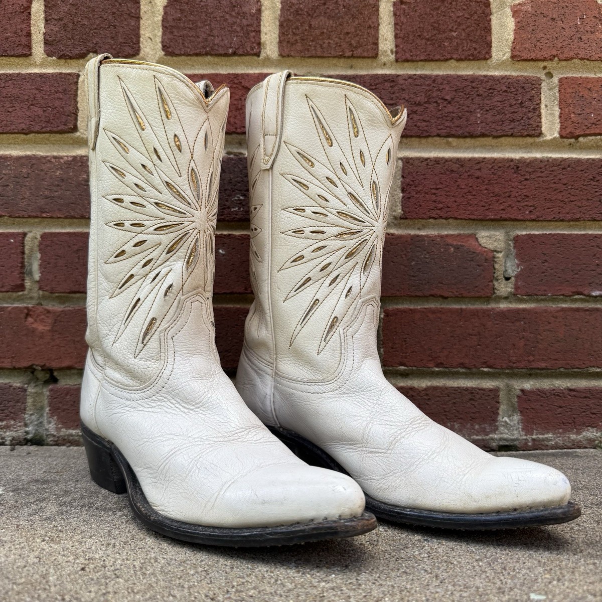 Vintage 50s Acme Peewee Starburst Inlay White Gold Leather Cowboy