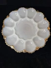 Vintage Deviled Egg Plate White Milk Glass Serving Dish w/ Gold Trim 10in
