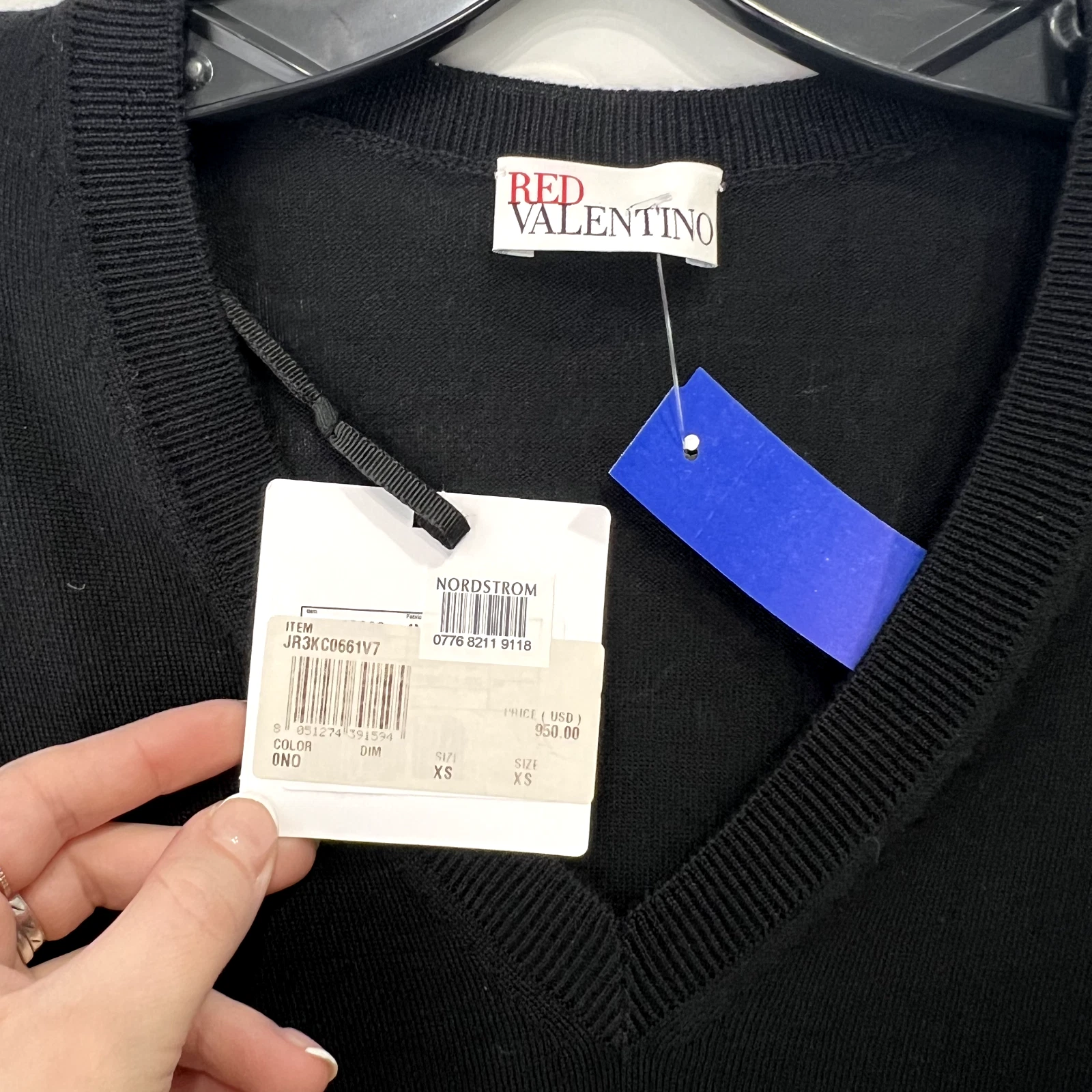 Abito maglione rosso Valentino nero lana passante orlo arricciato $950 nuovo con etichette taglia XS