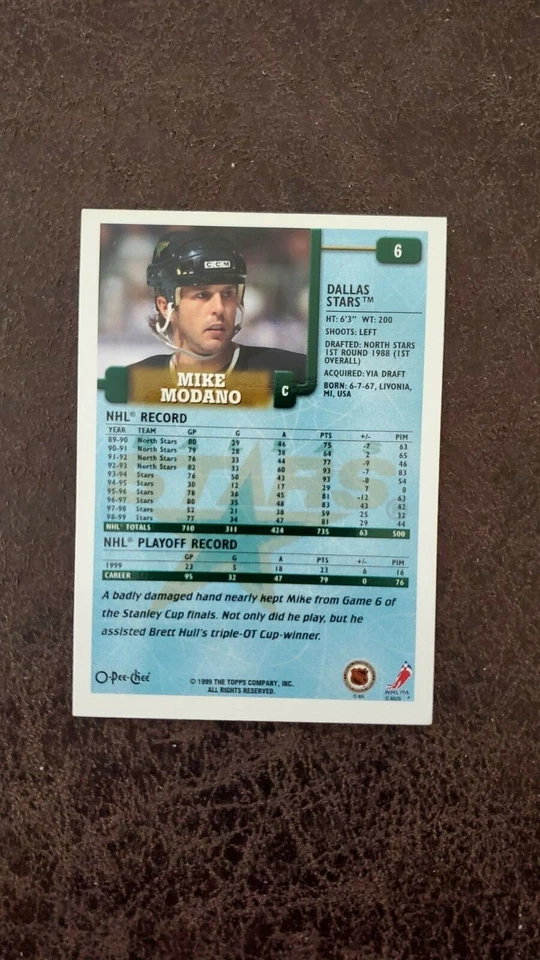 1999-00 O-Pee-Chee Mike Modano #6 - Dallas Stars - Autographed! - Image 2 of 2