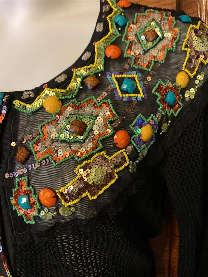 Suéter Cárdigan Vintage Años 90 Y2K Berek 2 Negro Suroeste Azteca Tribal Cuentas, L Foto 2 de 4