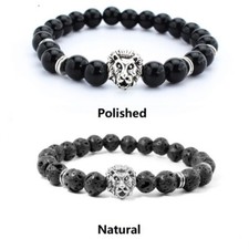 Men's Boy Lion Silver/Gold Black Lava Stone Bead Bracelet Wristband Beaded Bling